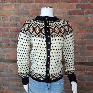 SOLD   Women's Cardigan Sweater Icelandic Black Tan Ivory Gold Buttons  Size M